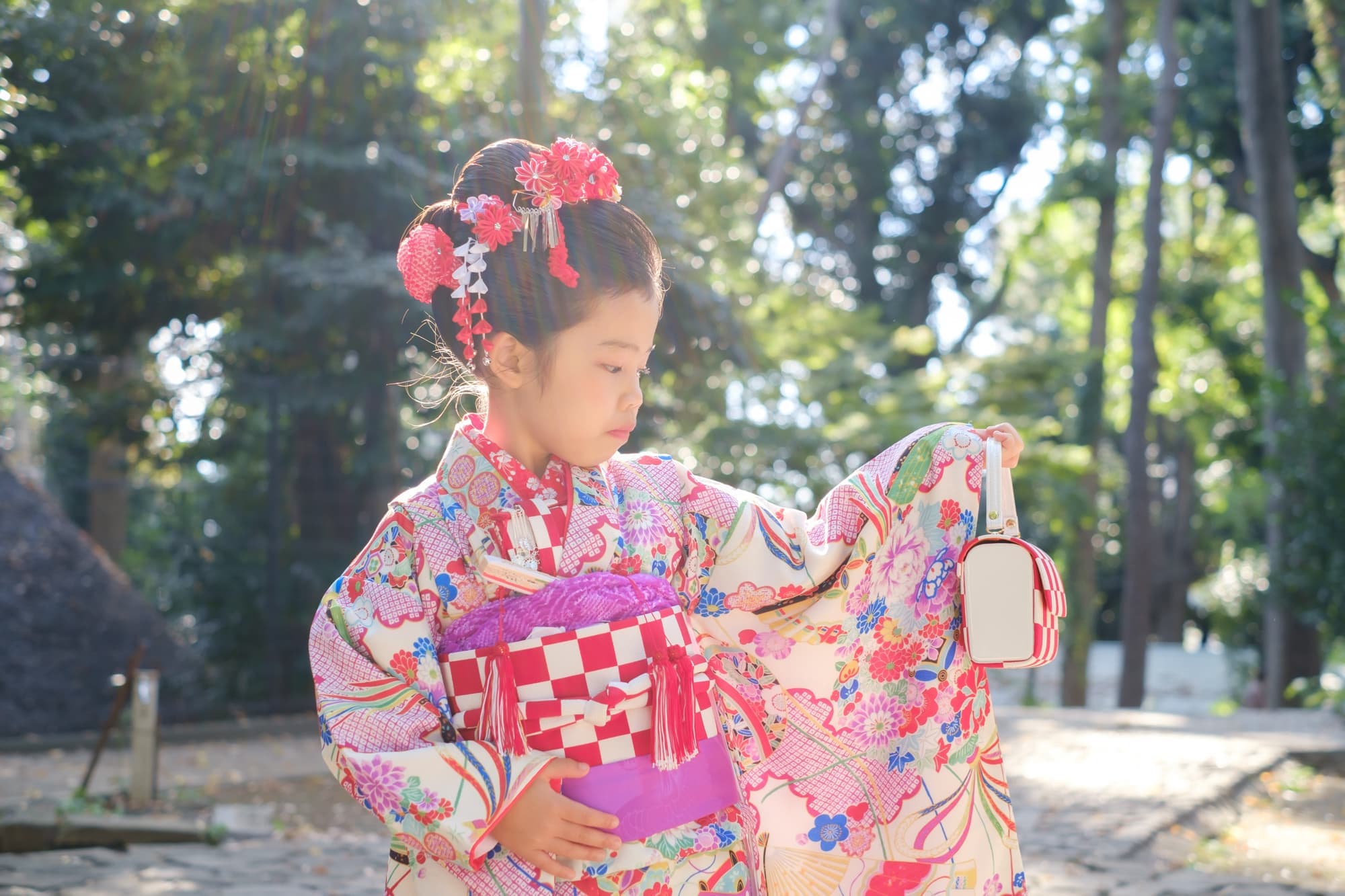 7歳の七五三、日本髪、着物の着付け